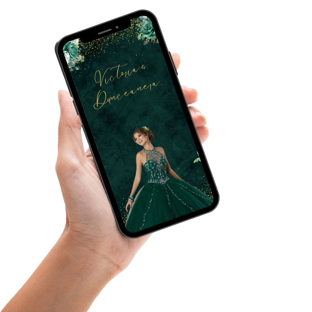 Emerald Green & Gold Quinceañera Video Invite – Elegant Digital Invitation for Your Special Day!