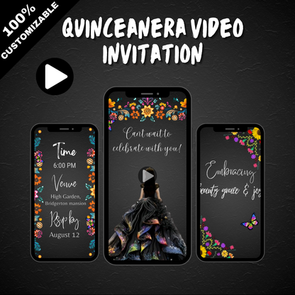 Elegant Black Mexican Fiesta Quinceañera Invitations – Festive Floral Theme Video Invite