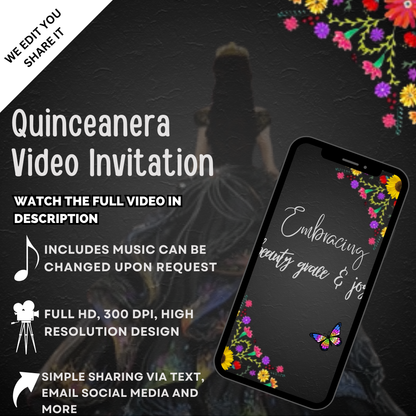 Elegant Black Mexican Fiesta Quinceañera Invitations – Festive Floral Theme Video Invite