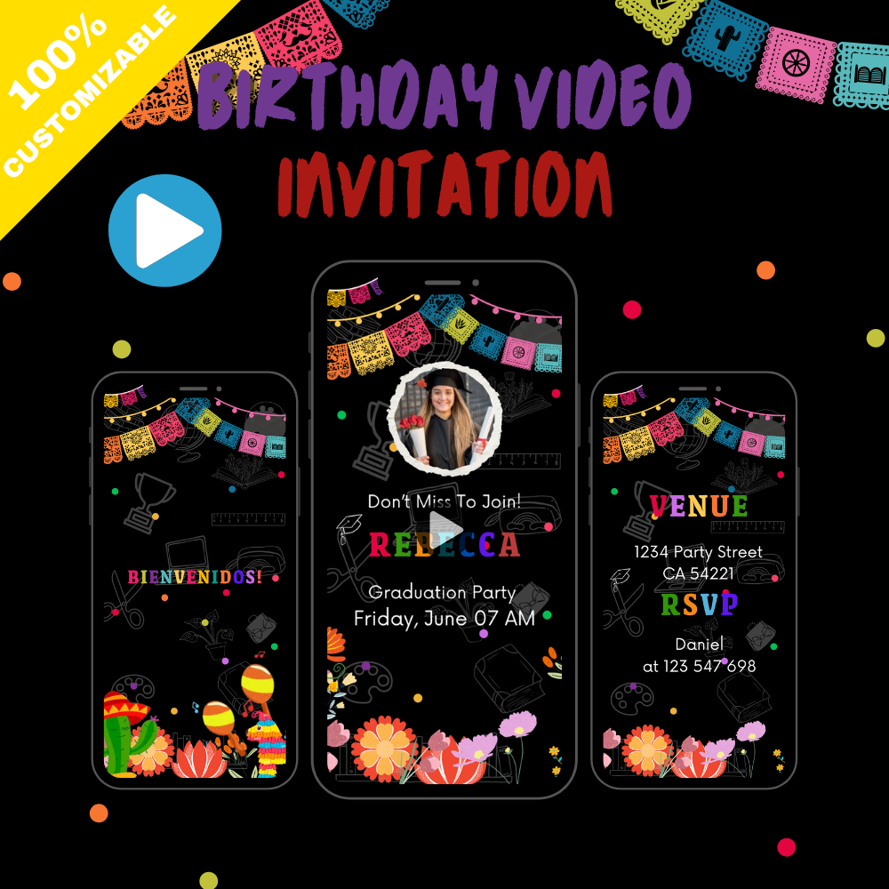 Animated Mexican Graduation Video Invitation - Fiesta Mexican Grad Party Theme Video Invite