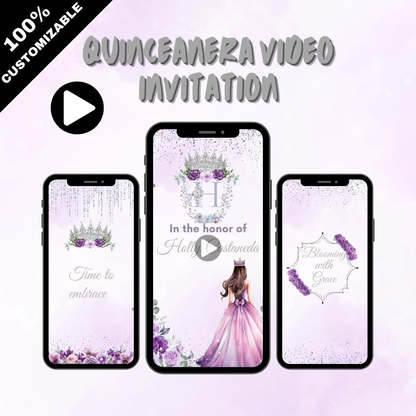 Lavender, White & Sliver Quinceañera Princess Video Invitation - White & Sliver Theme Digital Invite