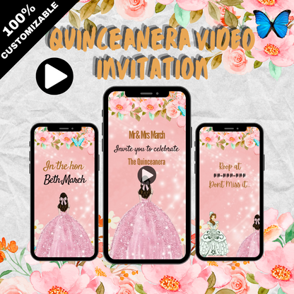 Animated Burgundy Floral & Gold Quinceanera Theme Video Invitation - Custom Video Invites