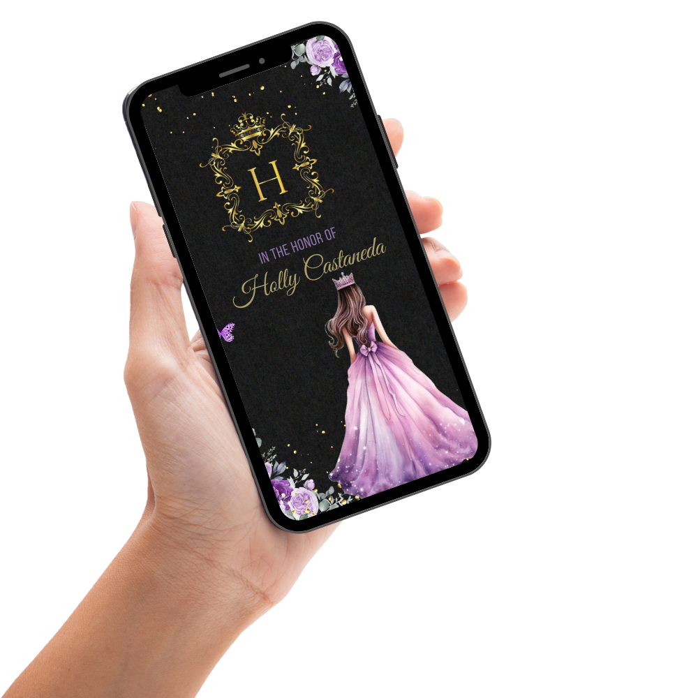 Quinceañera Black, Purple, & Gold Theme Video Invitation - Quinceañera Theme Digital Invite