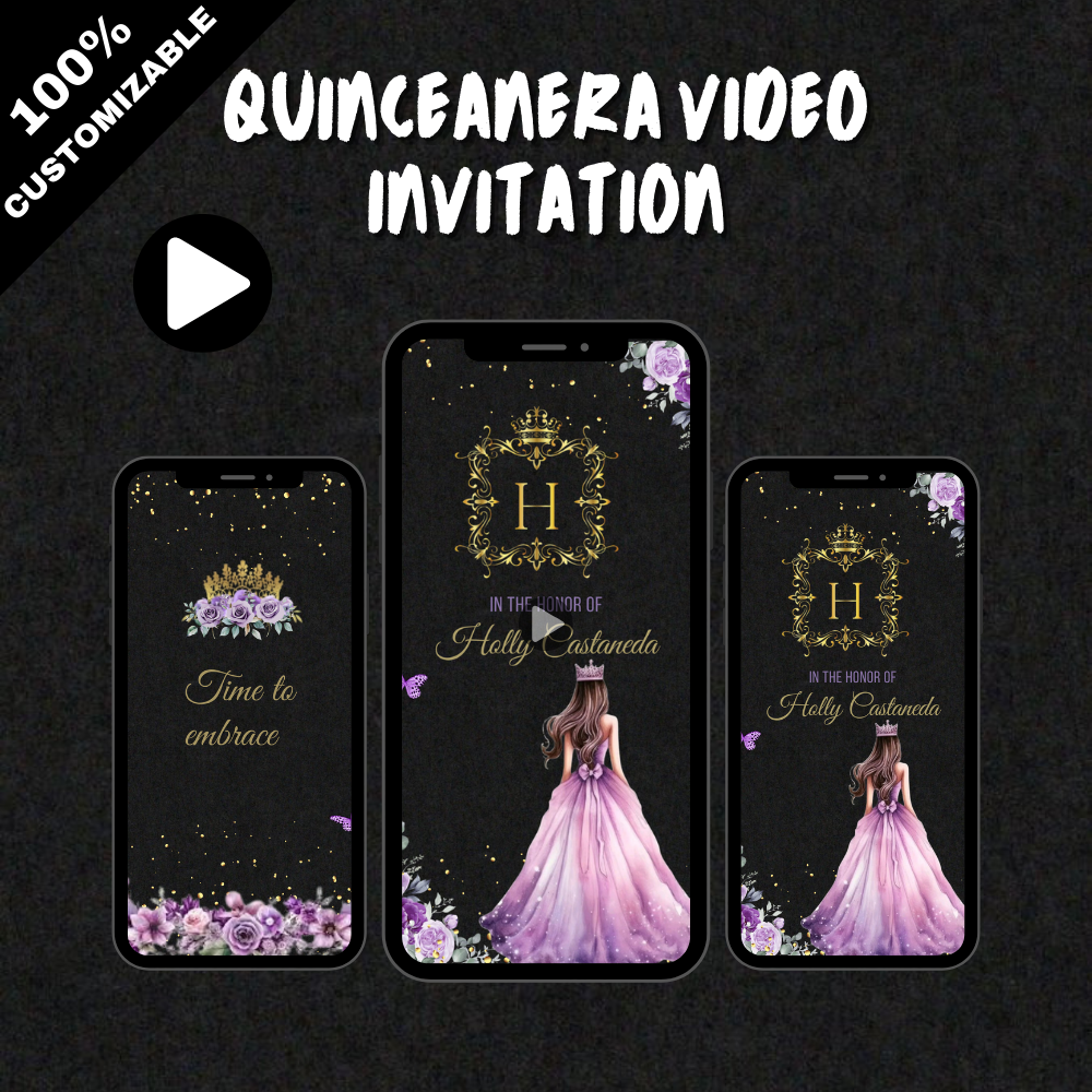 Quinceañera Black, Purple, & Gold Theme Video Invitation - Quinceañera Theme Digital Invite