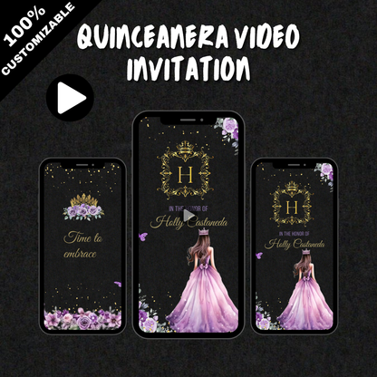 Quinceañera Black, Purple, & Gold Theme Video Invitation - Quinceañera Theme Digital Invite