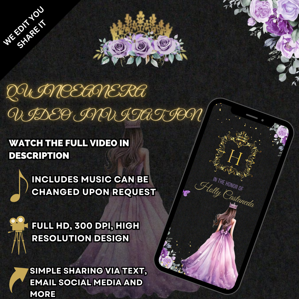 Quinceañera Black, Purple, & Gold Theme Video Invitation - Quinceañera Theme Digital Invite