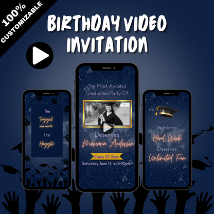 Animated Blue-Theme Graduated Party Video Invitation - 2024 Class Graduation Theme-Party Invite