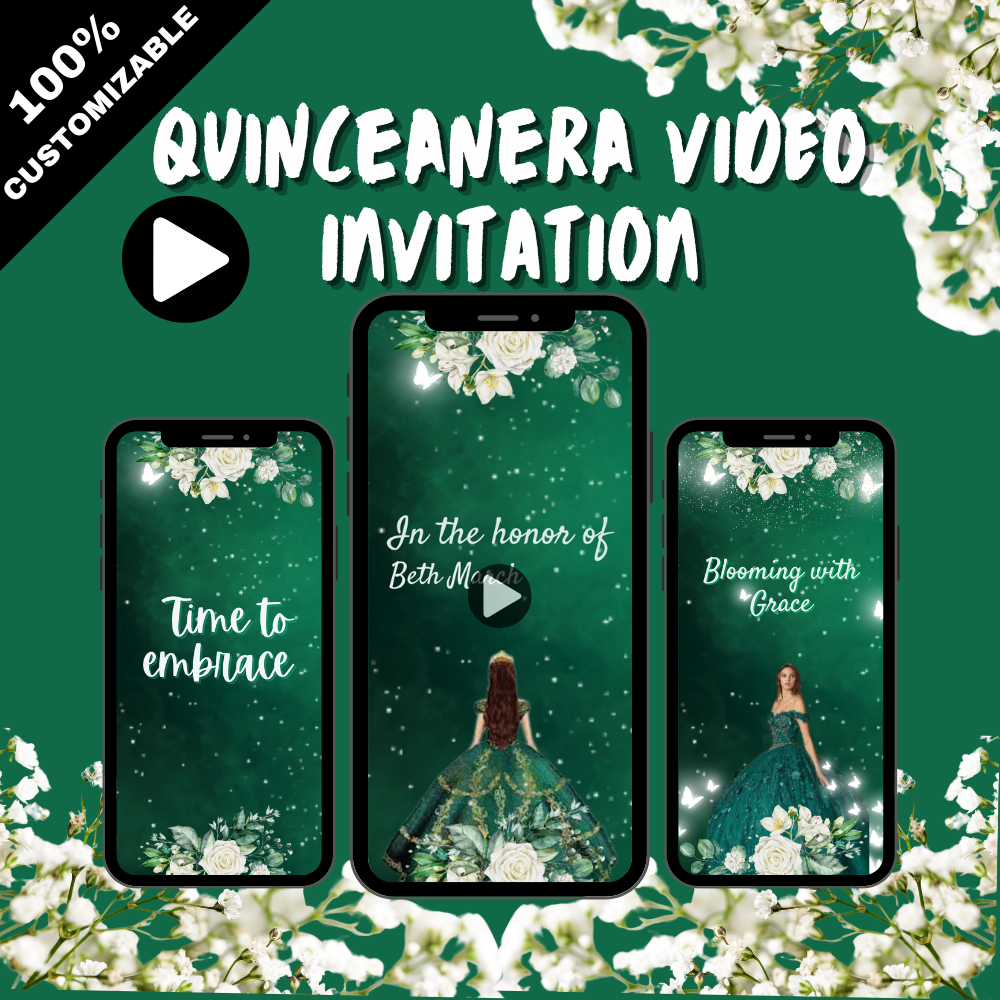 Custom Unique Emerald Green Quinceanera Party Video Invitation - Custom Theme VIdeo Invitation