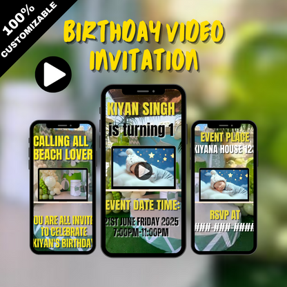 Animated Beach-Theme Birthday Video Invitation - Customize-Theme Video Invite