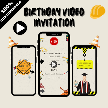 Construction-Themed Graduation Video Invitation - Unique Builder Graduation Theme-Party VIdeo Invites