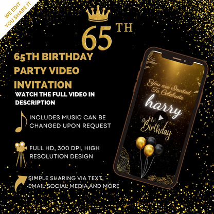 Celebrate 65 Years! Custom Birthday Party Video Invitation – Adult Birthday Video Invites