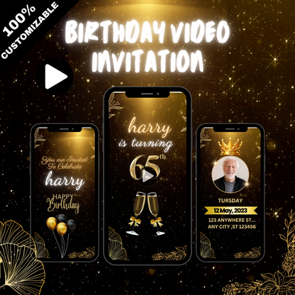 Celebrate 65 Years! Custom Birthday Party Video Invitation – Adult Birthday Video Invites