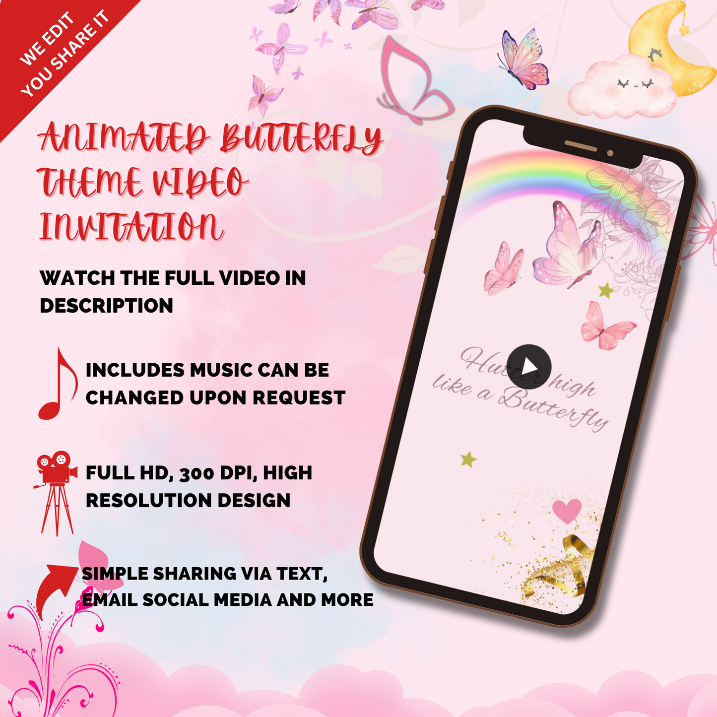 Animated Butterfly Birthday Video Invitation - Custom Party Invites