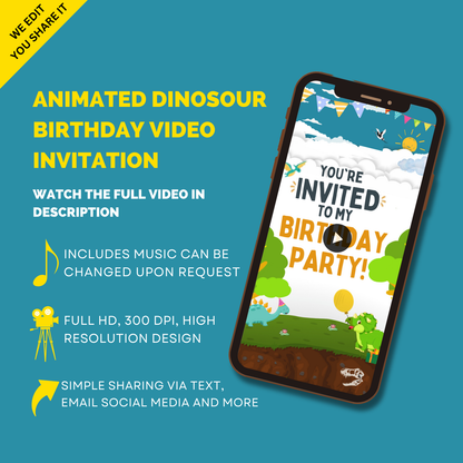 Animated Dinasour Birthday Party Video Invitation - Custom Dinasour Digital Birthday Invite