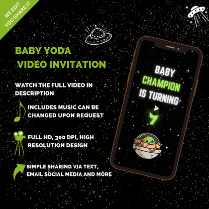 Personalized Baby Yoda Theme Birthday Party Video Invitation - Animated Baby Yoda Video Invites!