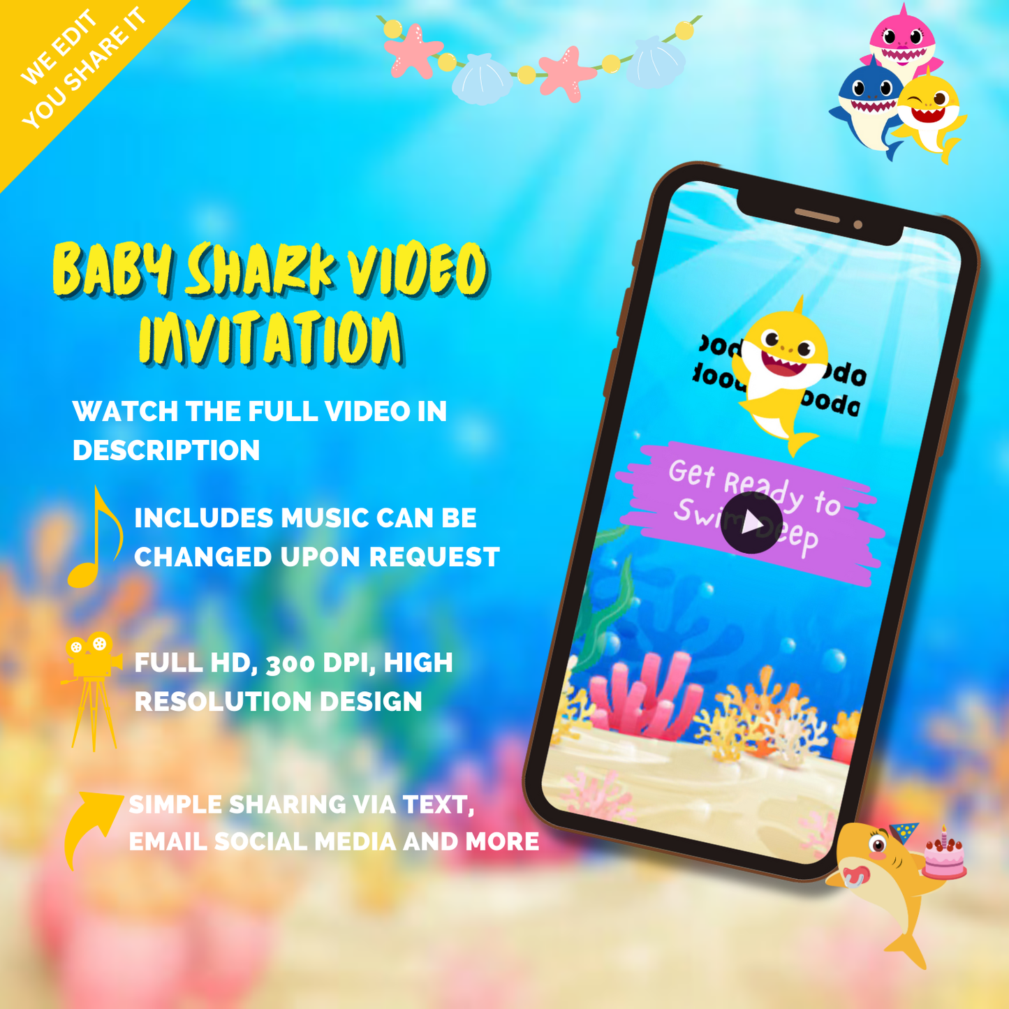 Animated Baby Shark Birthday Party Video Invitation - Custom Baby Shark Video Invite