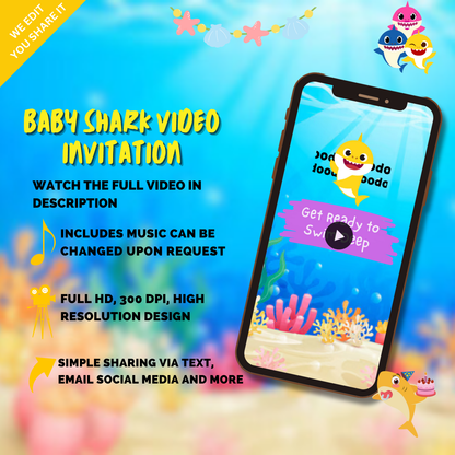 Animated Baby Shark Birthday Party Video Invitation - Custom Baby Shark Video Invite