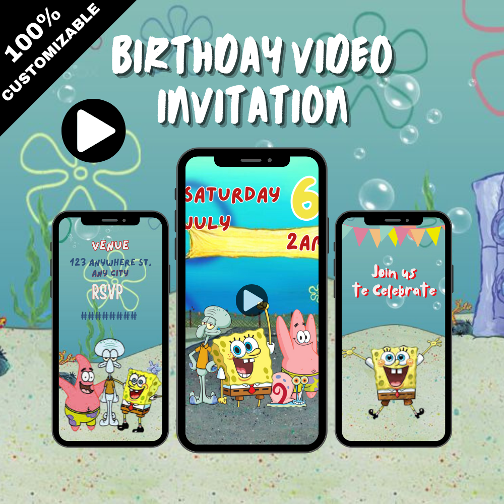 Animated Spongebob Kids Birthday Party Video Invitation - Personalized Spongebob Birthday Invites