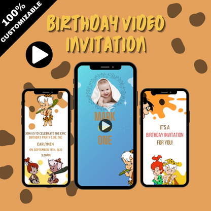 Animated Bam Bam Flintstone Theme Birthday Video Invitation - Custom Flintstone Birthday Video Invites