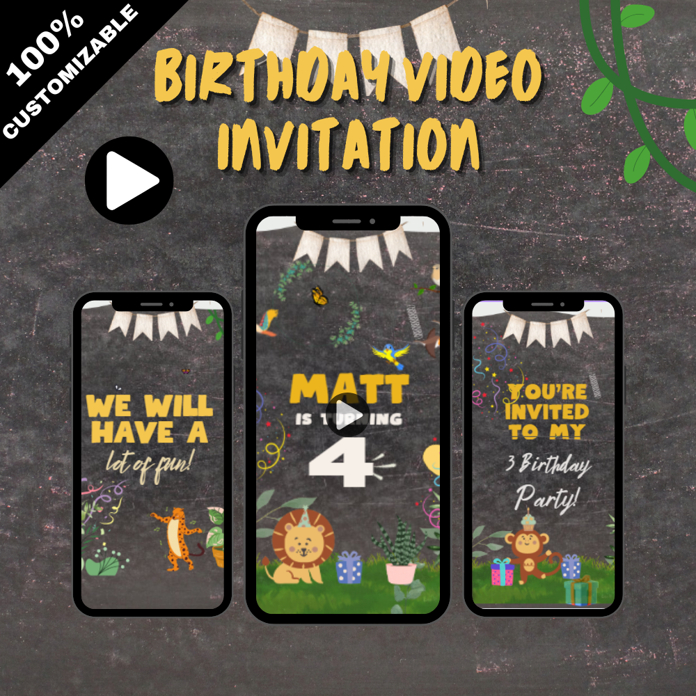 Custom Jungle Safari Theme Birthday Video Invitation - Animated Theme Video Invitation