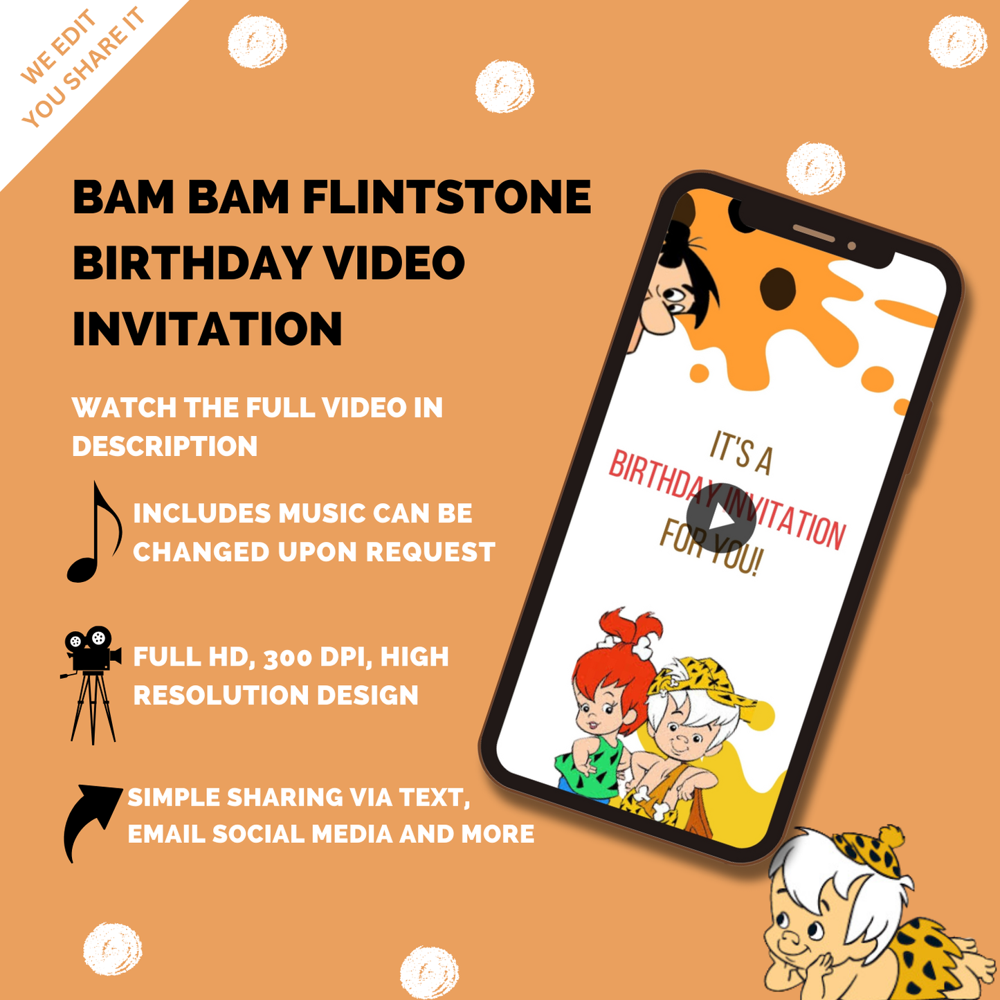 Animated Bam Bam Flintstone Theme Birthday Video Invitation - Custom Flintstone Birthday Video Invites