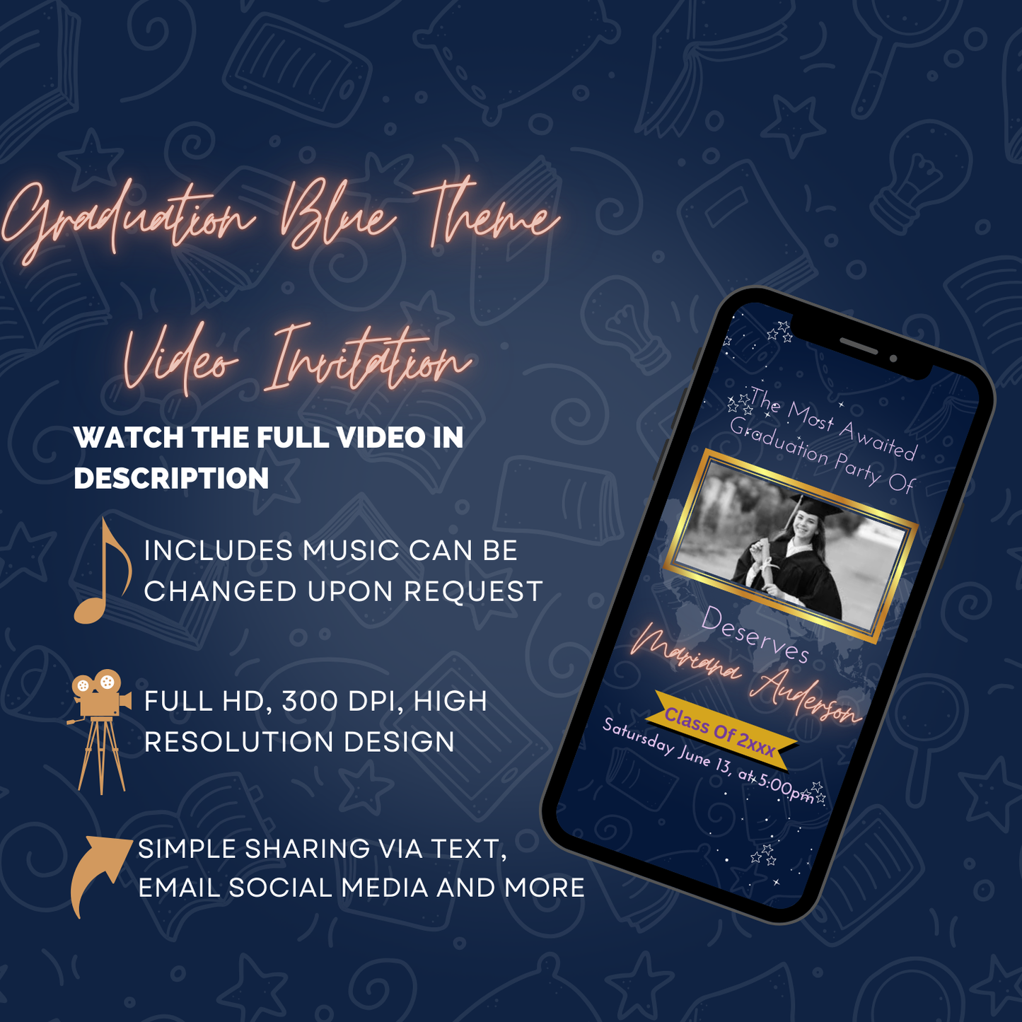 Animated Blue-Theme Graduated Party Video Invitation - 2024 Class Graduation Theme-Party Invite