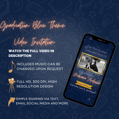 Animated Blue-Theme Graduated Party Video Invitation - 2024 Class Graduation Theme-Party Invite