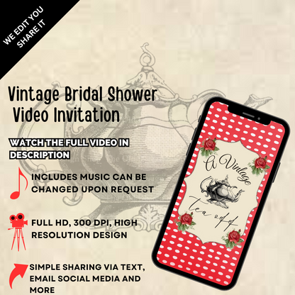 Vintage Tea Party Bridal Shower Digital Invitation - Digital Bridal Shower Video Invite