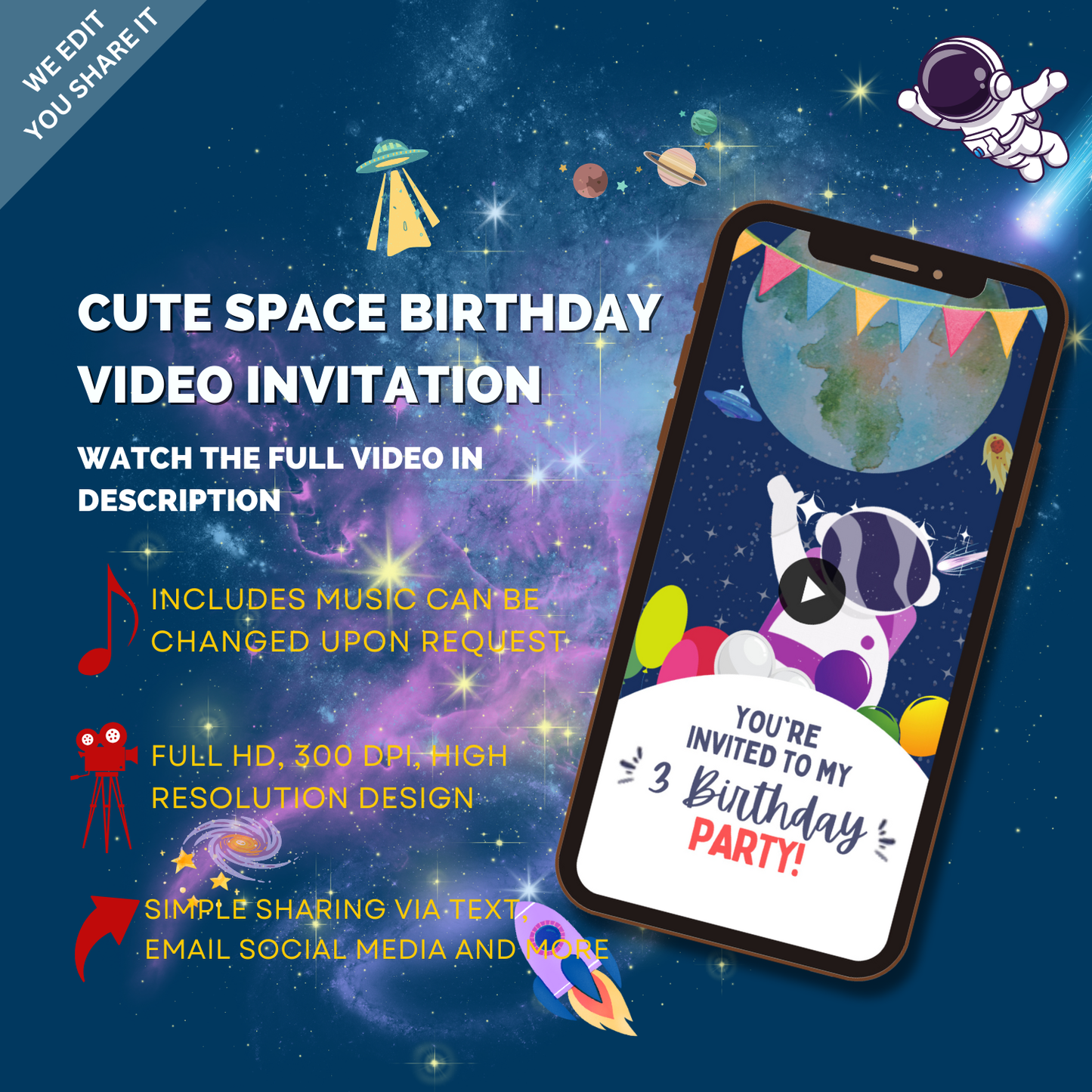 Animated Cute Space Birthday Theme Party Video Invitation - Animated Custom Video Invitation