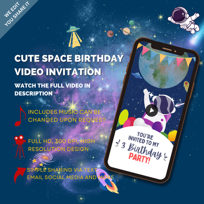 Animated Cute Space Birthday Theme Party Video Invitation - Animated Custom Video Invitation