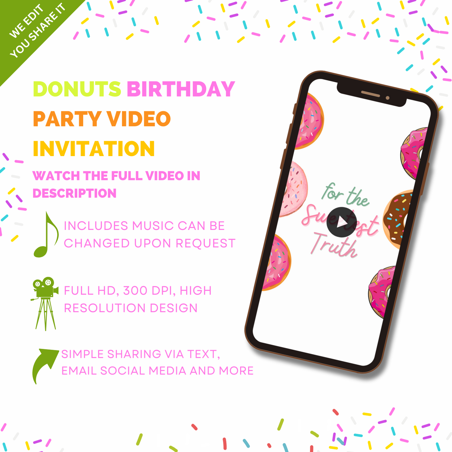 Custom Donut Birthday Theme Party Video Invitation - Digital Donut Video Invitation