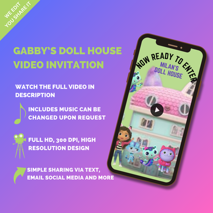 Animated Gabby's Doll House Birthday Party Video Invitation - Custom Doll House Theme Video Invites