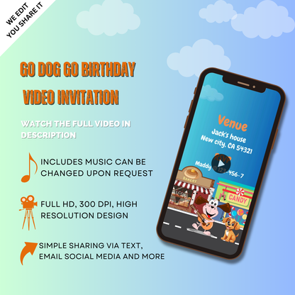 Customizable Go Dog Go Birthday Theme Video Invitation - Animated Go Dog Go Digital Video Invitation