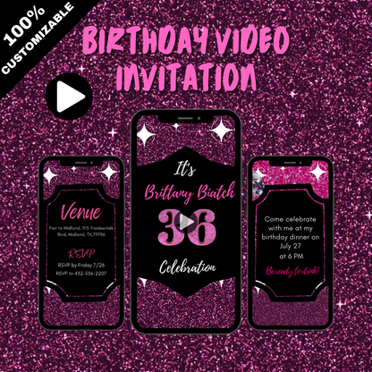 Sparkling Hot Pink Glitter-Theme Birthday Video Invitation – Glam Glitter Party Theme Video Invites