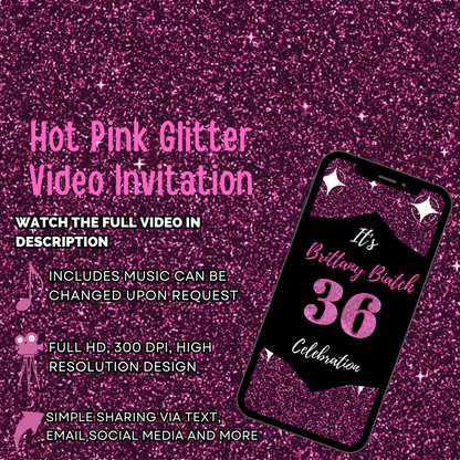 Sparkling Hot Pink Glitter-Theme Birthday Video Invitation – Glam Glitter Party Theme Video Invites