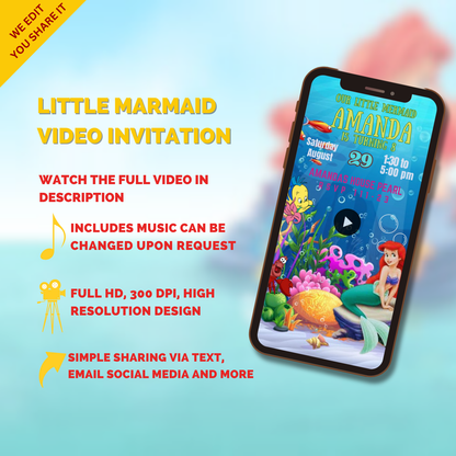 Animated Little Marmaid Birthday Party Video Invitation - Custom Little Marmaid Video Invites