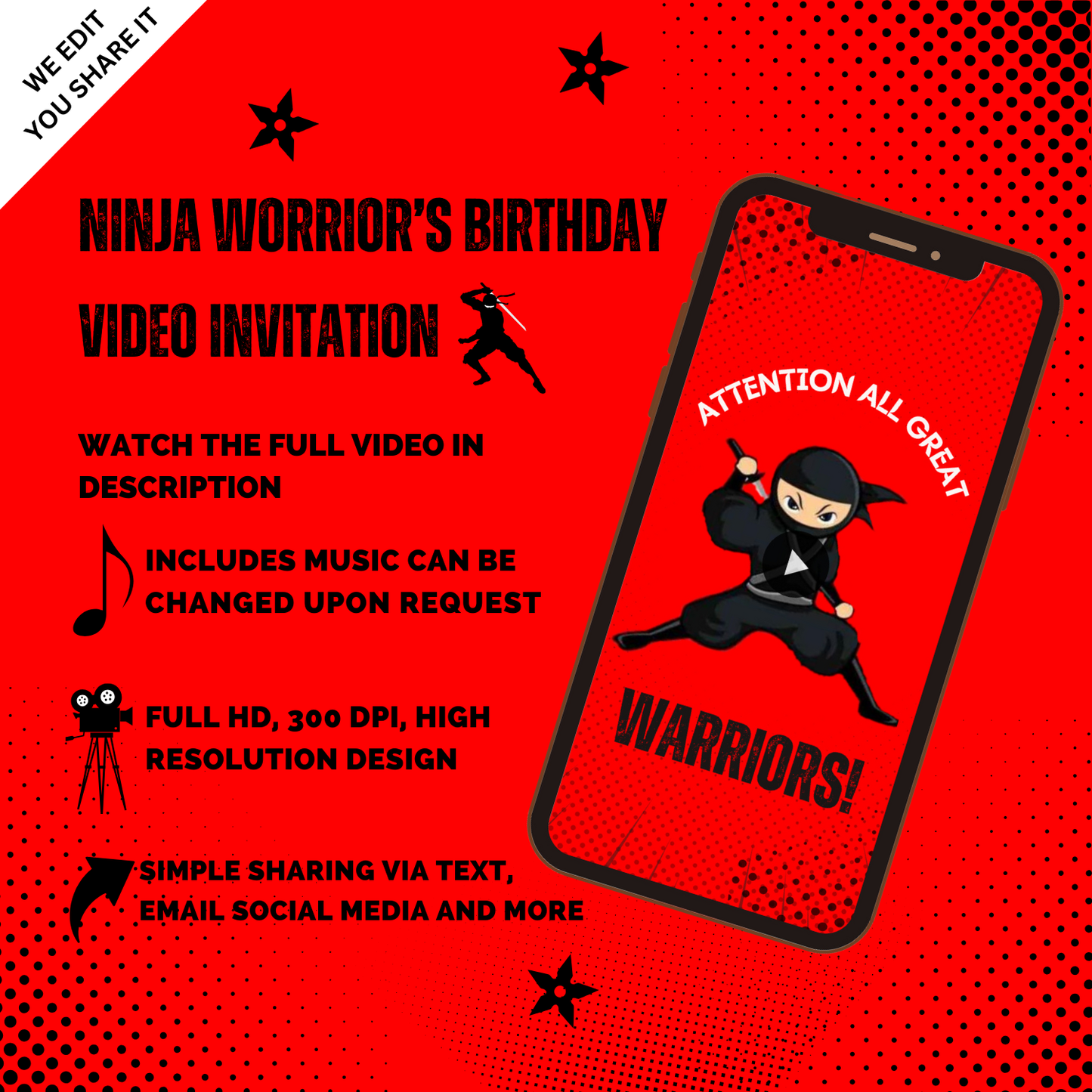 Customized Ninja Warriors Birthday Party Video Invitation - Ninja Custom Party Invite