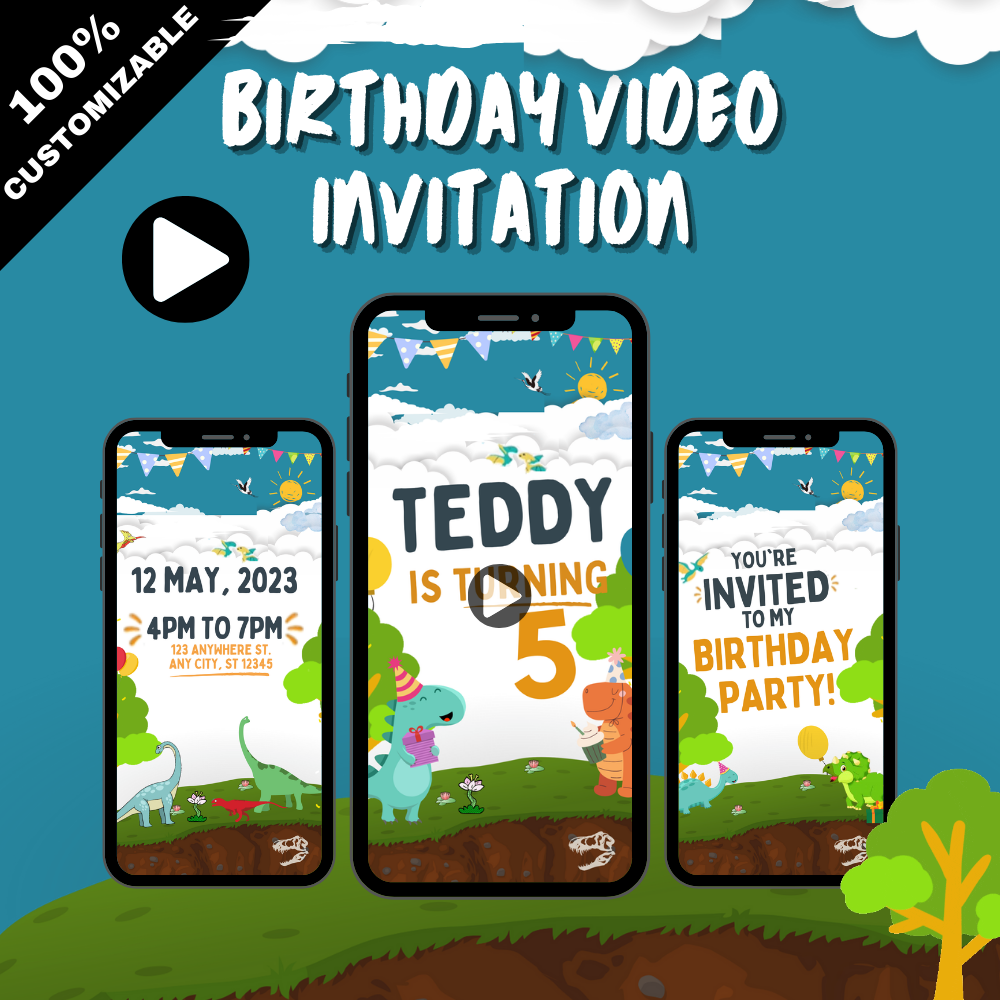 Animated Dinasour Birthday Party Video Invitation - Custom Dinasour Digital Birthday Invite