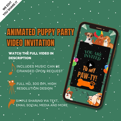 Animated Puppy-Themed Birthday Video Invitation - Customized Digital Puppy Party Video Invites