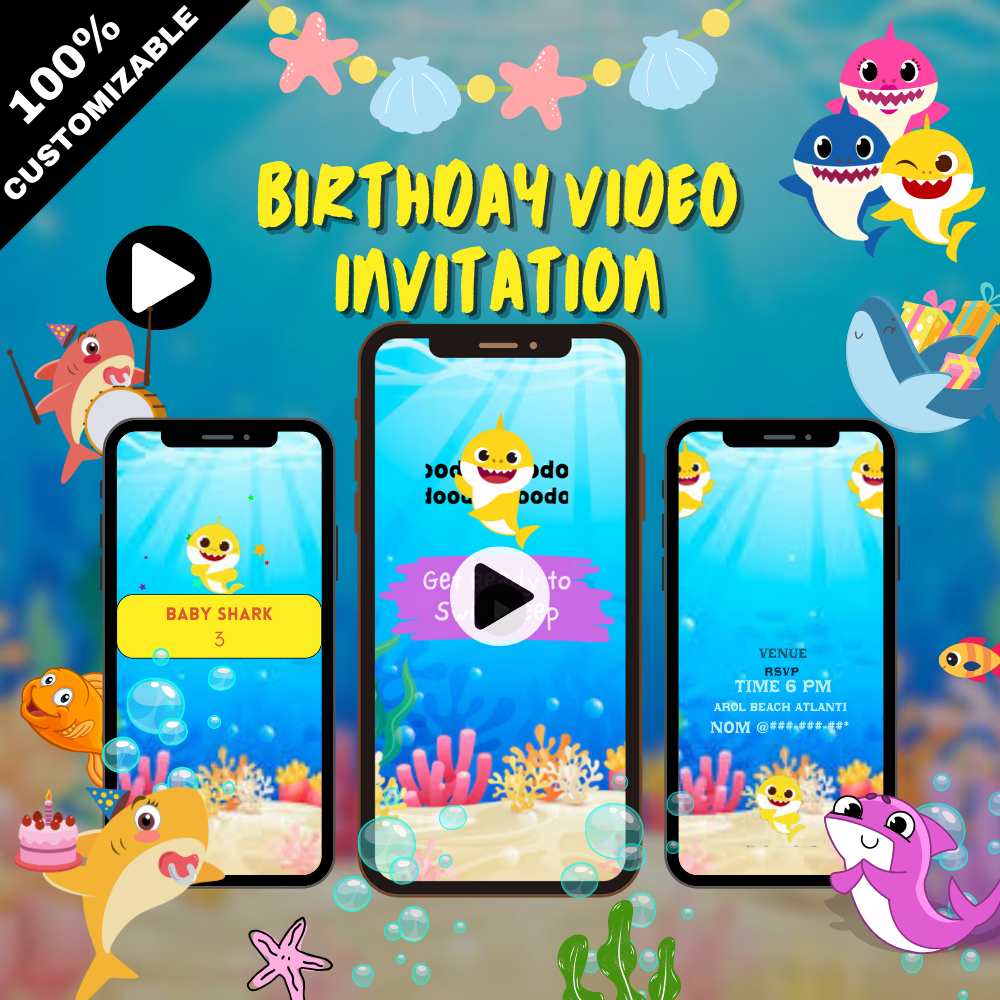 Animated Baby Shark Birthday Party Video Invitation - Custom Baby Shark Video Invite