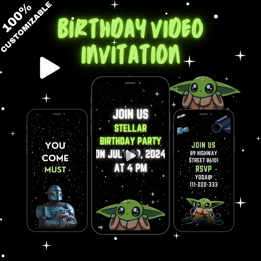 Personalized Baby Yoda Theme Birthday Party Video Invitation - Animated Baby Yoda Video Invites!