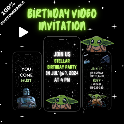 Personalized Baby Yoda Theme Birthday Party Video Invitation - Animated Baby Yoda Video Invites!