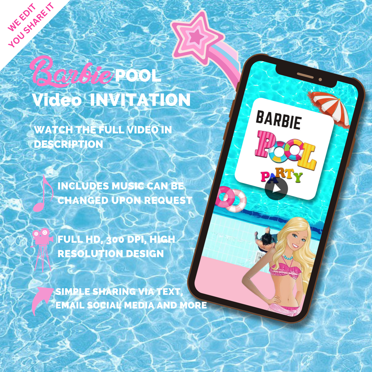 Digital Barbie Pool Party Invitation for Kids – Animated Barbie-Themed Birthday Invite