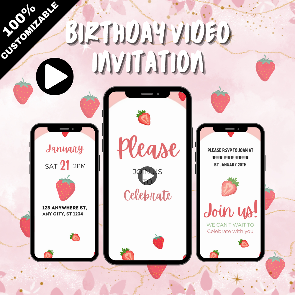 Customized Berry Sweet 1st Birthday Video Invitation - Strawberry-Themed Party Invite