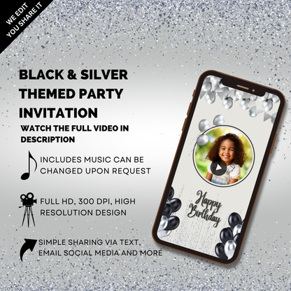 Customized Black & Silver Theme Video Invitation - Customized Black & Silver Party Invites