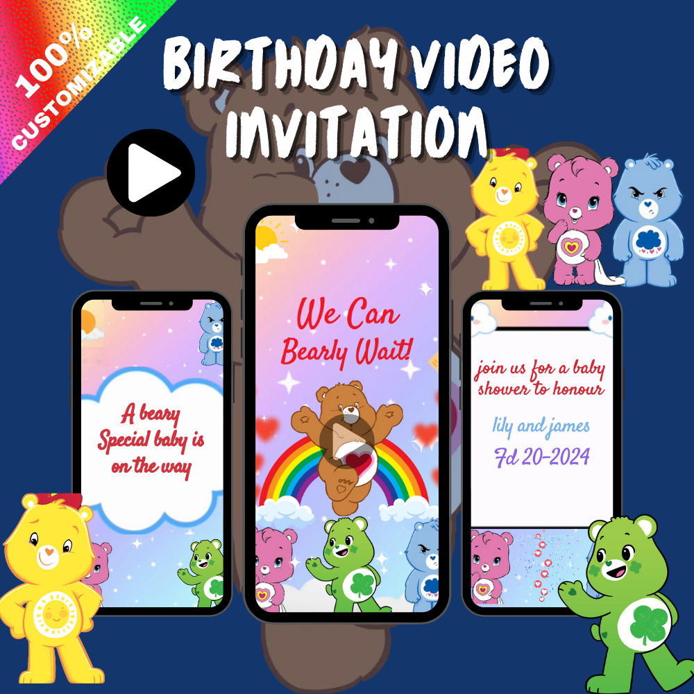 Personalized Care Bears Baby Shower Video Invitation – Playful Animated Party Invite for Birthday