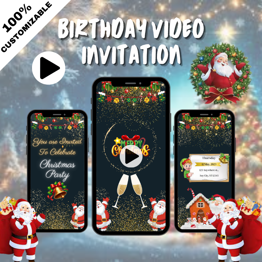 Animated Merry Christmas Party Video Invitation - Custom Christmas Video Invites