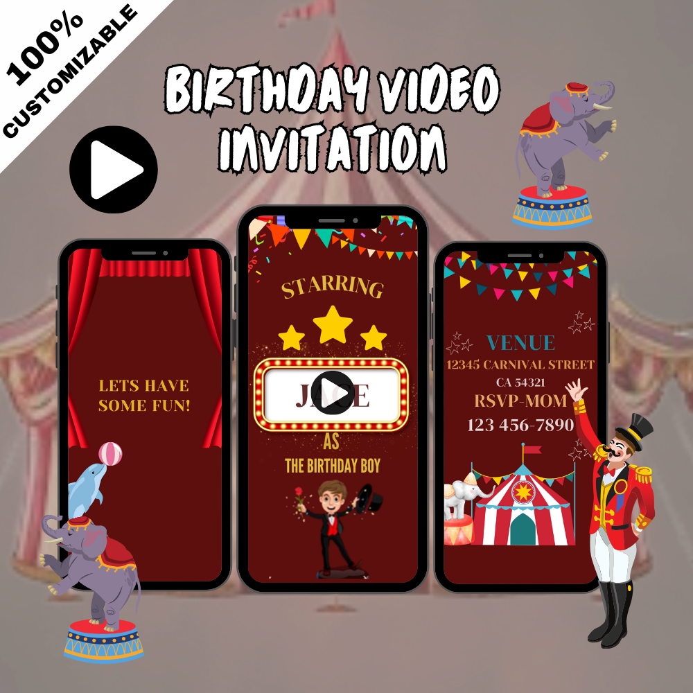 Custom Circus-Themed Birthday Party Video Invitation - Digital Theme Video Invites