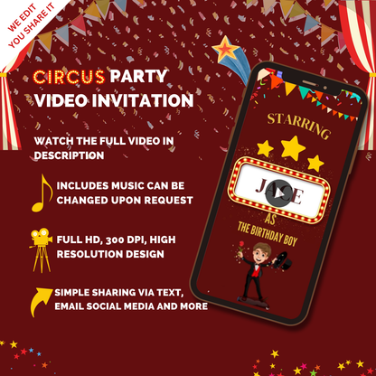 Custom Circus-Themed Birthday Party Video Invitation - Digital Theme Video Invites