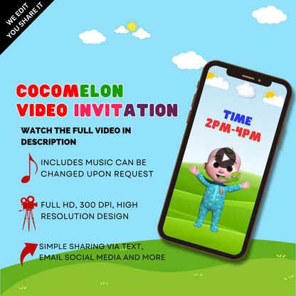 Customized Cocomelon Kids Birthday Video Invitation - Animated Cocomelon Party Digital Invites